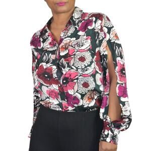 Trina Turk Acacia Floral Silk Top Pink Split Sleeve Button Front Blouse Sz Small